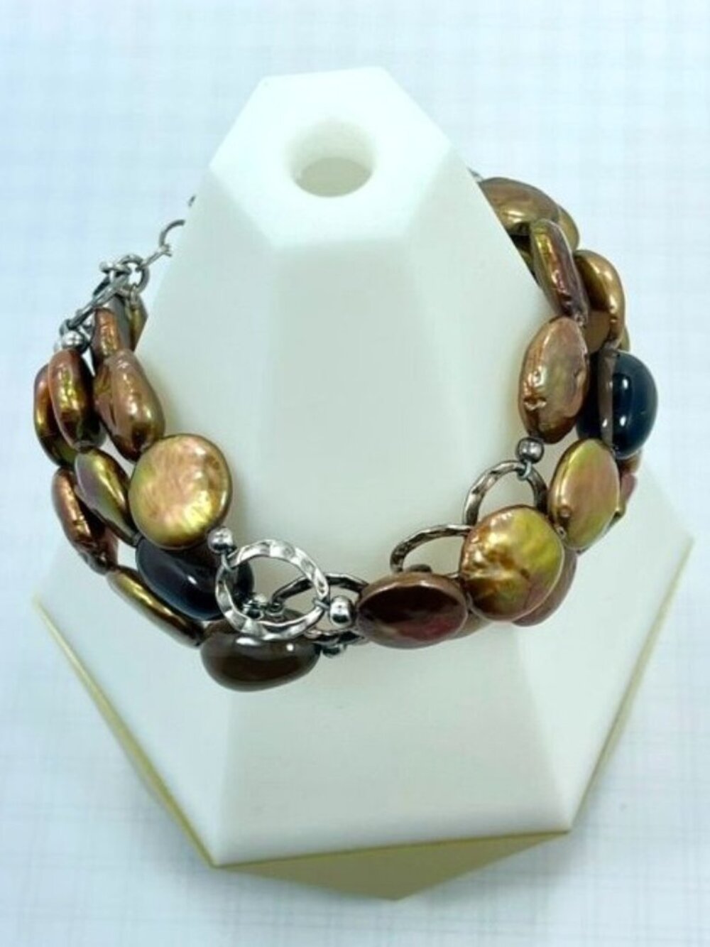 Retired Silpada Triple Strand Bronze Pearl Smoky Quartz Sterling Silver Bracelet - Picture 2 of 7